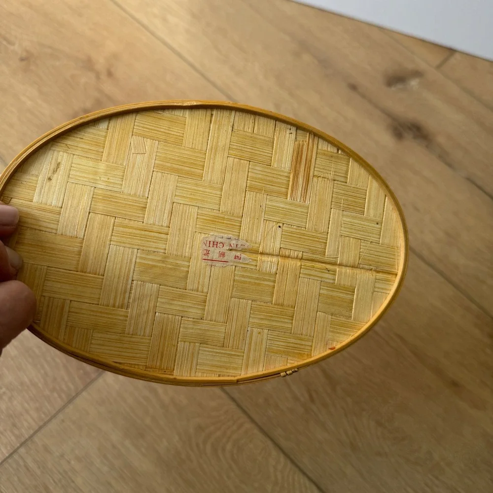 Vintage Woven Bamboo Oval Trinket Box with Lid Natural Wood Boho Storage 7.5in